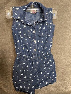 Girls Denim Floral Romper - Navy with White Daisies